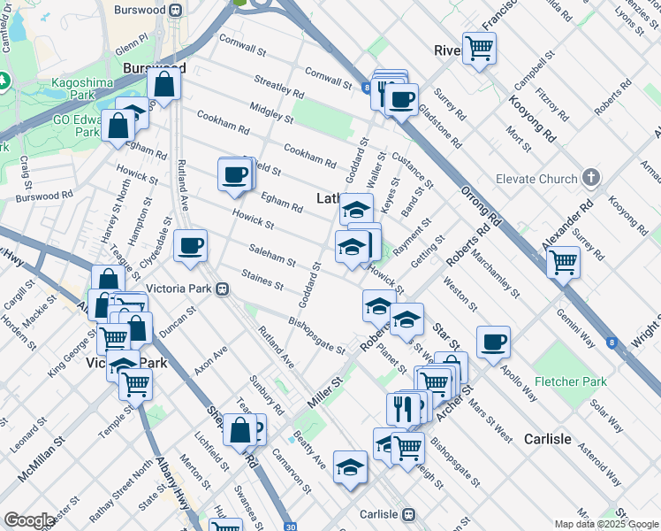 map of restaurants, bars, coffee shops, grocery stores, and more near 4 McCartney Crescent in Lathlain