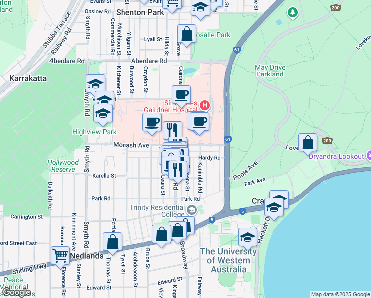 map of restaurants, bars, coffee shops, grocery stores, and more near 42 Monash Avenue in Nedlands