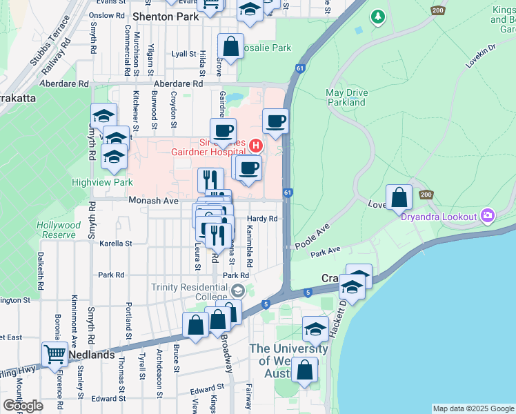 map of restaurants, bars, coffee shops, grocery stores, and more near 16 Monash Avenue in Nedlands