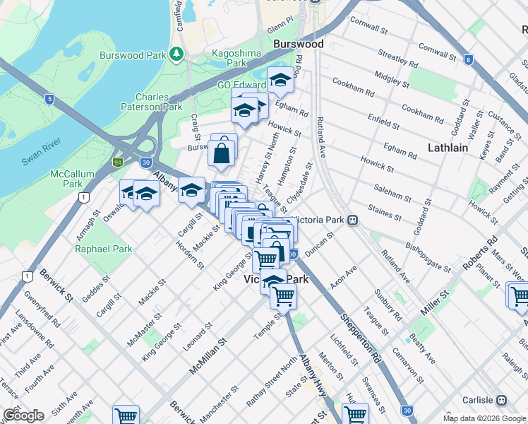 map of restaurants, bars, coffee shops, grocery stores, and more near 106 Shepperton Road in Burswood