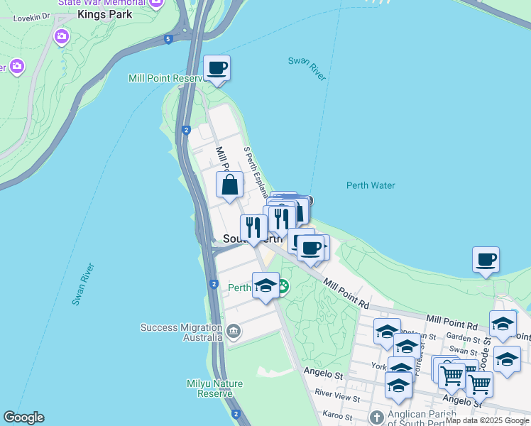 map of restaurants, bars, coffee shops, grocery stores, and more near 5 Ferry Street in South Perth