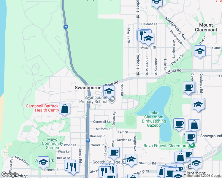 map of restaurants, bars, coffee shops, grocery stores, and more near 2 Milyarm Rise in Swanbourne