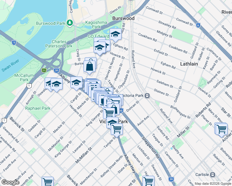 map of restaurants, bars, coffee shops, grocery stores, and more near 15 Teague Street in Burswood
