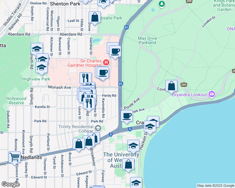 map of restaurants, bars, coffee shops, grocery stores, and more near 85 Winthrop Avenue in Nedlands