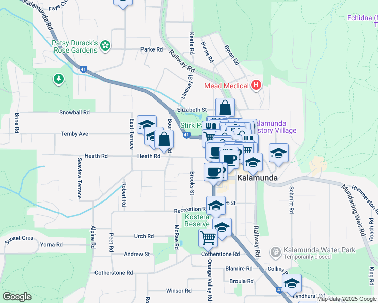 map of restaurants, bars, coffee shops, grocery stores, and more near 12 Heath Road in Kalamunda