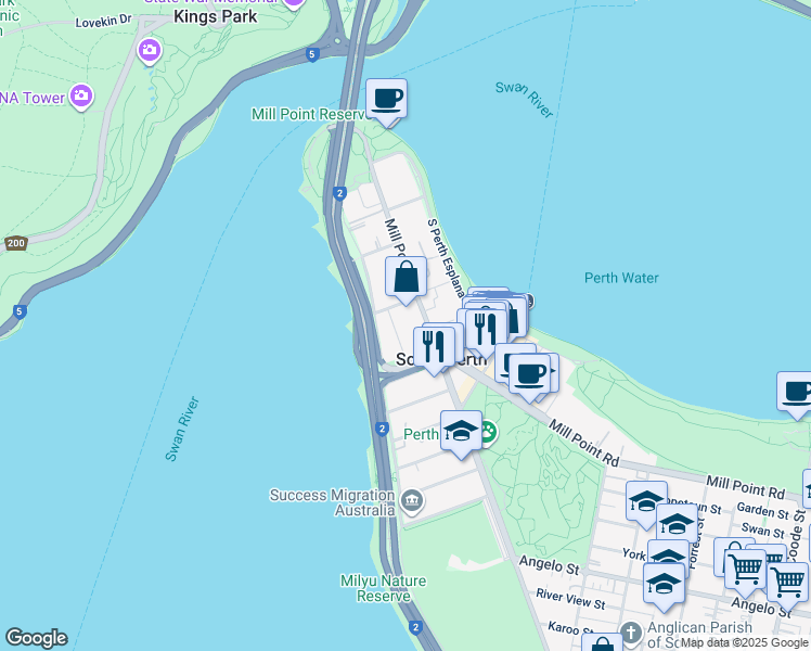 map of restaurants, bars, coffee shops, grocery stores, and more near 8 Stone Street in South Perth