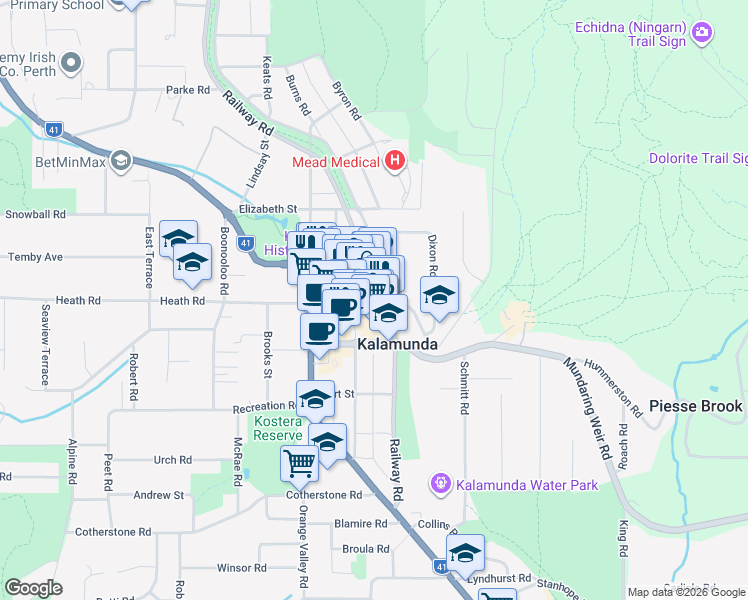 map of restaurants, bars, coffee shops, grocery stores, and more near 47 Railway Road in Kalamunda
