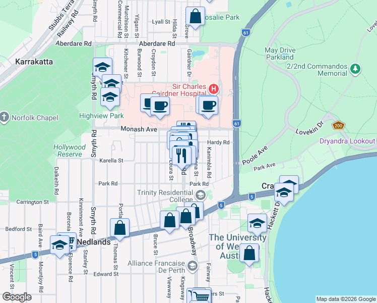 map of restaurants, bars, coffee shops, grocery stores, and more near 160 Hampden Road in Nedlands