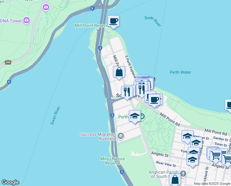 map of restaurants, bars, coffee shops, grocery stores, and more near 15 Stone Street in South Perth