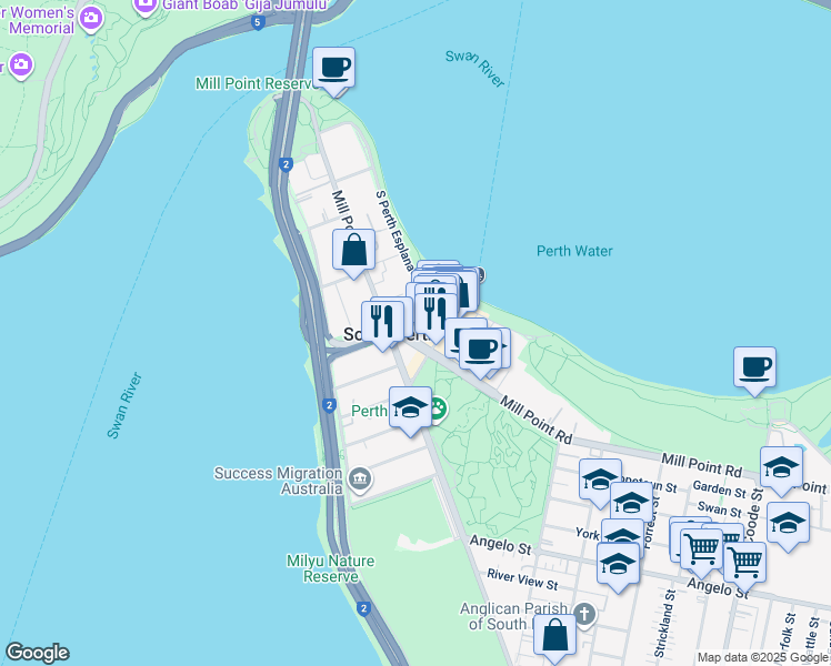 map of restaurants, bars, coffee shops, grocery stores, and more near 98 Mill Point Road in South Perth
