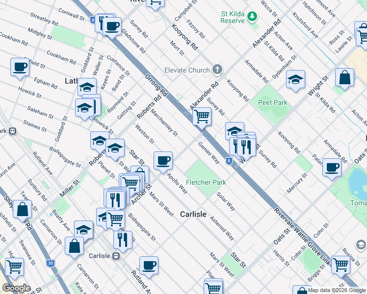 map of restaurants, bars, coffee shops, grocery stores, and more near 35 Marchamley Street in Carlisle
