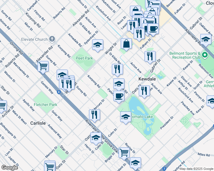 map of restaurants, bars, coffee shops, grocery stores, and more near 82 Fulham Street in Kewdale