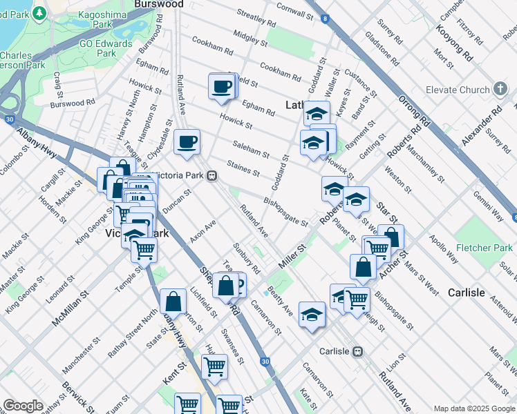 map of restaurants, bars, coffee shops, grocery stores, and more near 11 Goddard Street in Lathlain