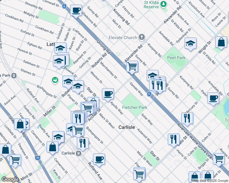 map of restaurants, bars, coffee shops, grocery stores, and more near 36 Weston Street in Carlisle