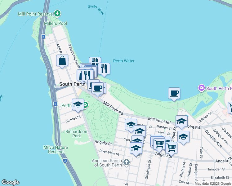 map of restaurants, bars, coffee shops, grocery stores, and more near 3 Coode Street in South Perth