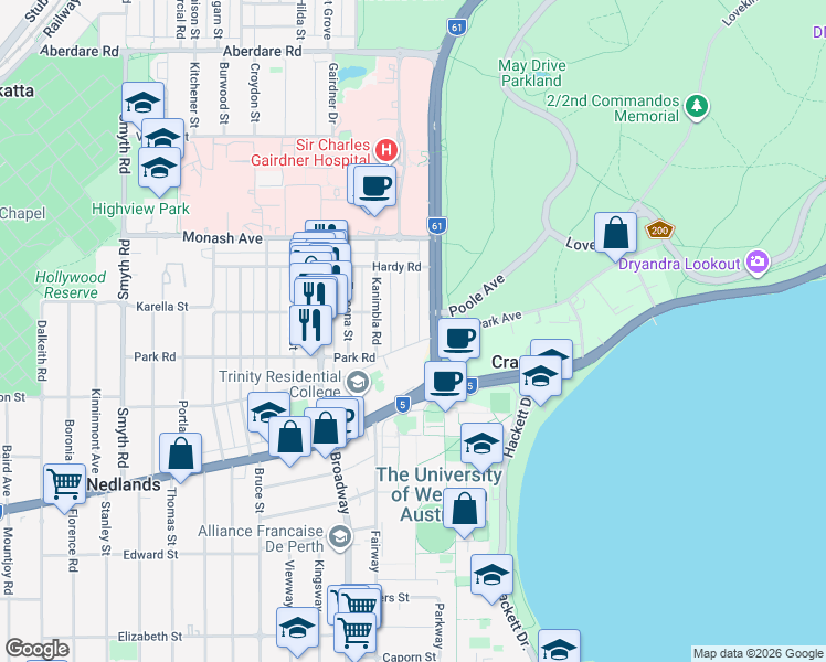 map of restaurants, bars, coffee shops, grocery stores, and more near 36 Megalong Street in Nedlands
