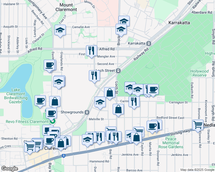 map of restaurants, bars, coffee shops, grocery stores, and more near 110B Gugeri Street in Claremont