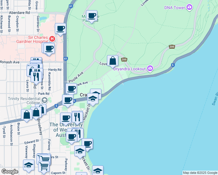 map of restaurants, bars, coffee shops, grocery stores, and more near 20 Mounts Bay Road in Crawley