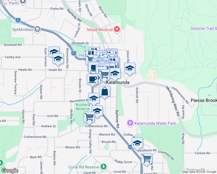 map of restaurants, bars, coffee shops, grocery stores, and more near 21 Central Road in Kalamunda