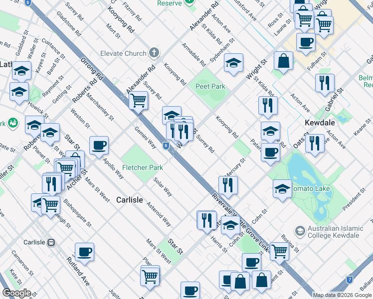 map of restaurants, bars, coffee shops, grocery stores, and more near 25 Cemy Place in Kewdale