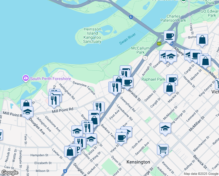 map of restaurants, bars, coffee shops, grocery stores, and more near 9 Scenic Crescent in South Perth
