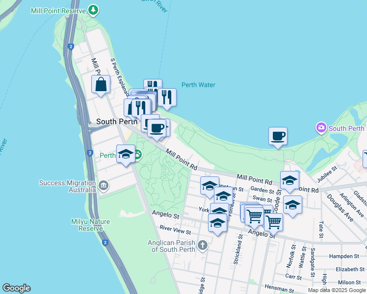 map of restaurants, bars, coffee shops, grocery stores, and more near 150 Mill Point Road in South Perth