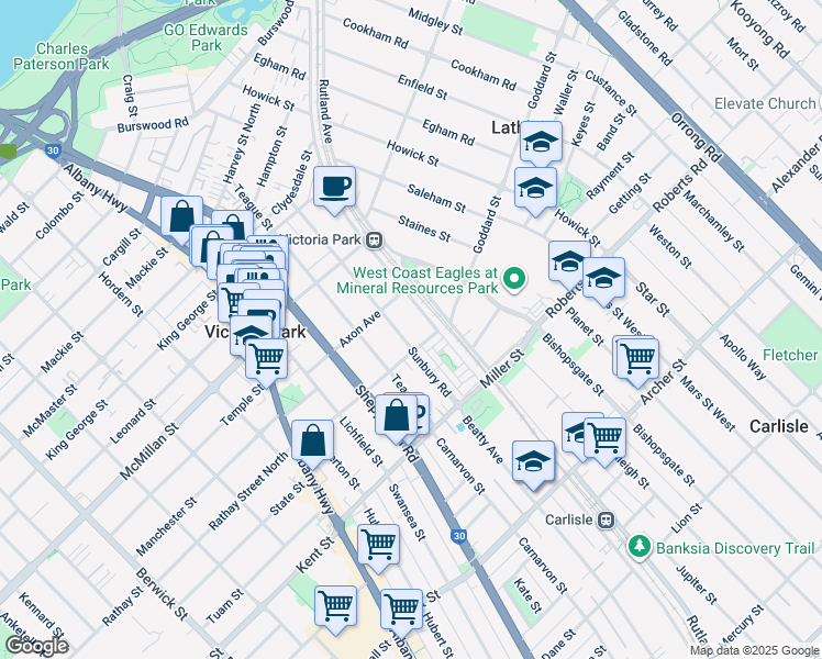 map of restaurants, bars, coffee shops, grocery stores, and more near 64 Sunbury Road in Victoria Park