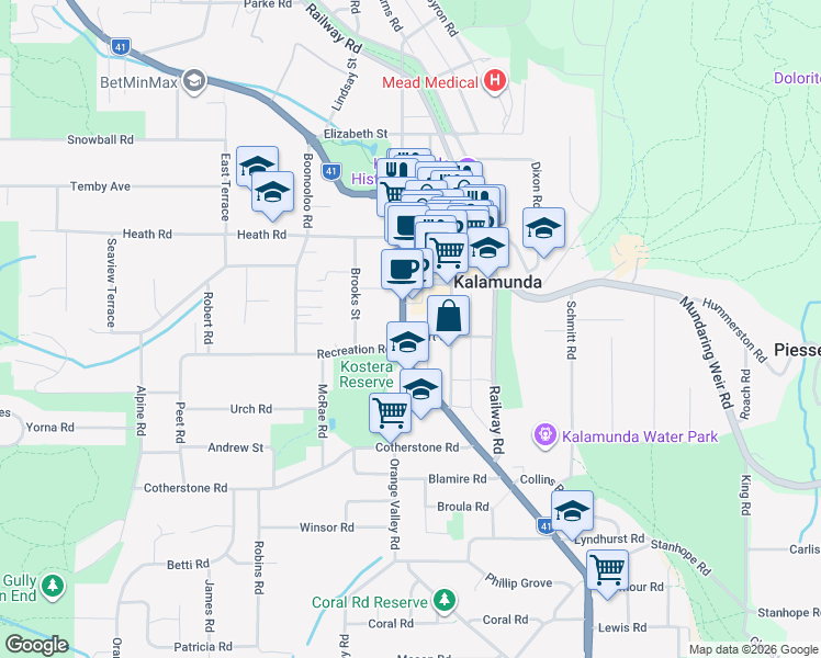 map of restaurants, bars, coffee shops, grocery stores, and more near 37 Canning Road in Kalamunda