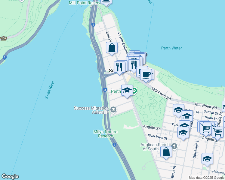map of restaurants, bars, coffee shops, grocery stores, and more near 3 Lyall Street in South Perth