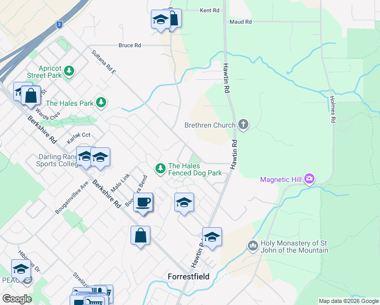 map of restaurants, bars, coffee shops, grocery stores, and more near 2 Bain Square in Forrestfield