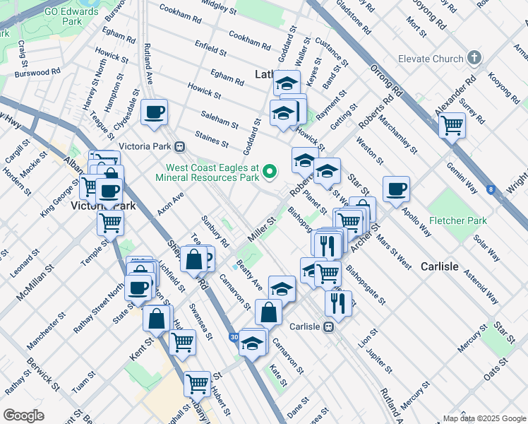 map of restaurants, bars, coffee shops, grocery stores, and more near 7 Roberts Road in Lathlain