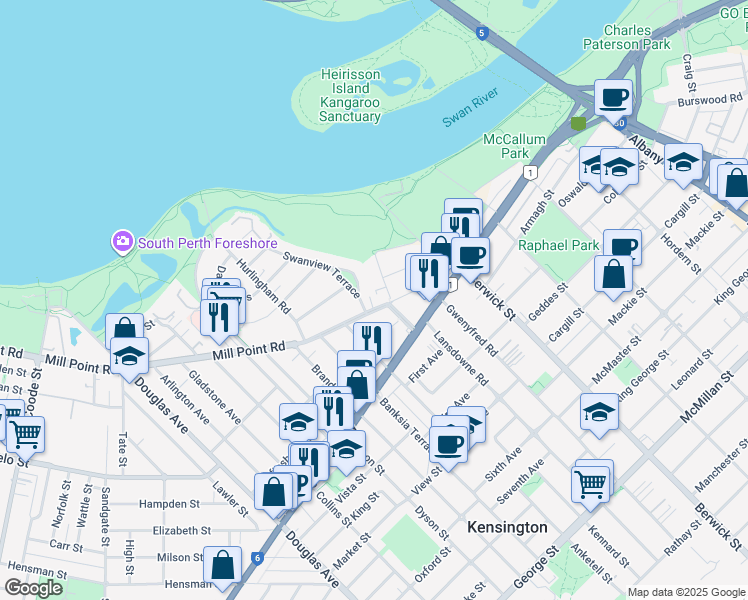 map of restaurants, bars, coffee shops, grocery stores, and more near 362 Mill Point Road in South Perth