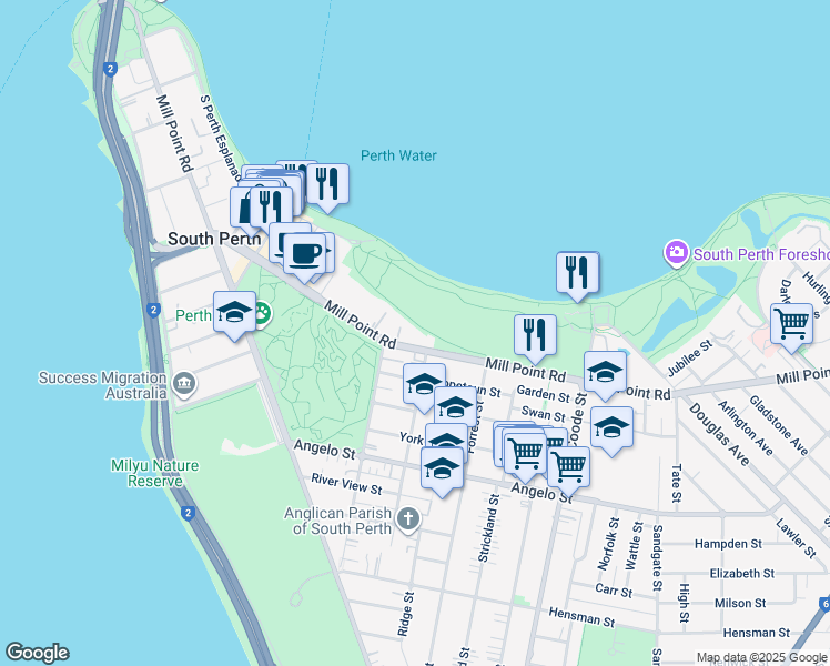 map of restaurants, bars, coffee shops, grocery stores, and more near 172 Mill Point Road in South Perth