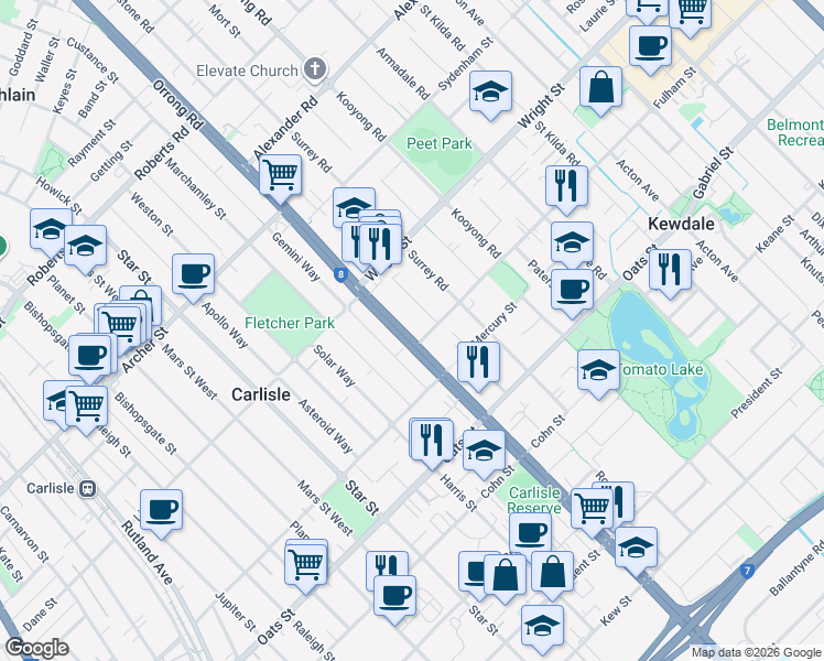 map of restaurants, bars, coffee shops, grocery stores, and more near 305 Orrong Road in Kewdale