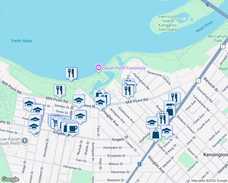 map of restaurants, bars, coffee shops, grocery stores, and more near 17 Weston Avenue in South Perth