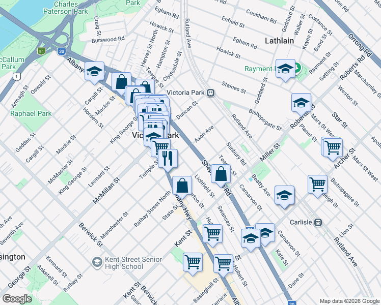 map of restaurants, bars, coffee shops, grocery stores, and more near 159 Shepperton Road in Victoria Park