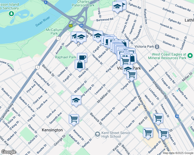 map of restaurants, bars, coffee shops, grocery stores, and more near 43 King George Street in Victoria Park