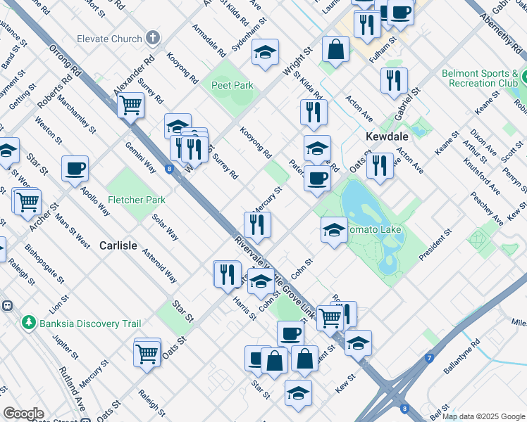 map of restaurants, bars, coffee shops, grocery stores, and more near 96 Mercury Street in Kewdale