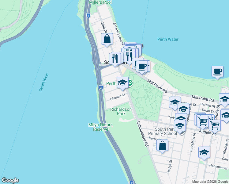 map of restaurants, bars, coffee shops, grocery stores, and more near 10 Hardy Street in South Perth