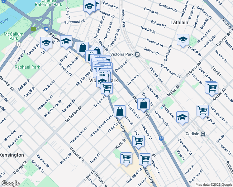 map of restaurants, bars, coffee shops, grocery stores, and more near 19 Lichfield Street in Victoria Park