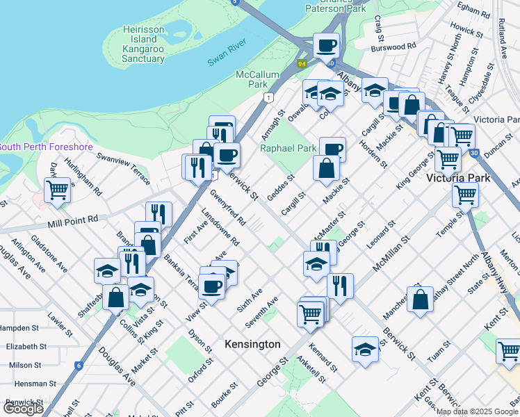 map of restaurants, bars, coffee shops, grocery stores, and more near 49 Berwick Street in Victoria Park
