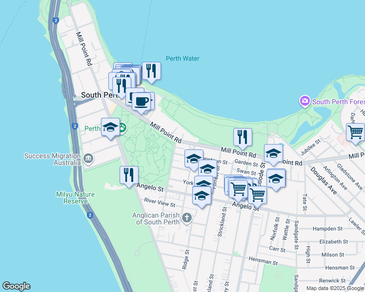 map of restaurants, bars, coffee shops, grocery stores, and more near 165 Mill Point Road in South Perth