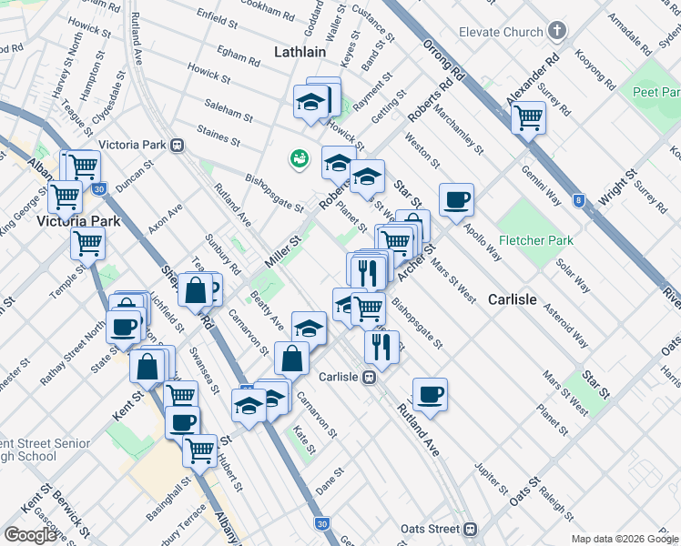 map of restaurants, bars, coffee shops, grocery stores, and more near 28 Raleigh Street in Carlisle