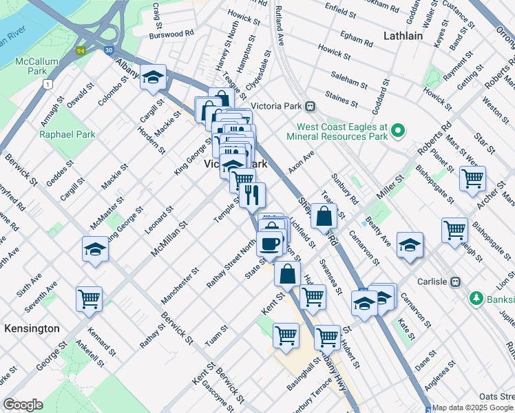 map of restaurants, bars, coffee shops, grocery stores, and more near 5 Salford Street in Victoria Park