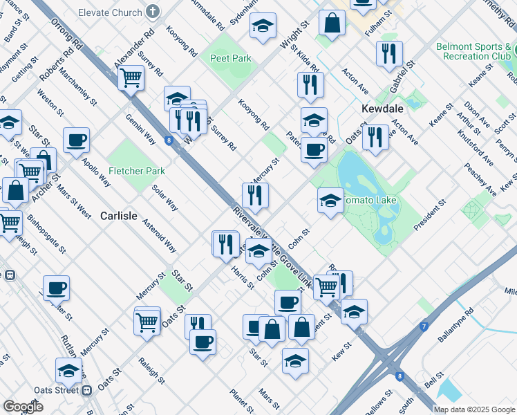 map of restaurants, bars, coffee shops, grocery stores, and more near 11 Rowlands Street in Kewdale
