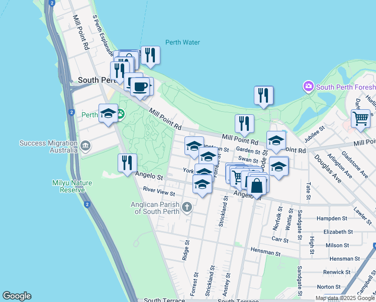 map of restaurants, bars, coffee shops, grocery stores, and more near 11 King Edward Street in South Perth