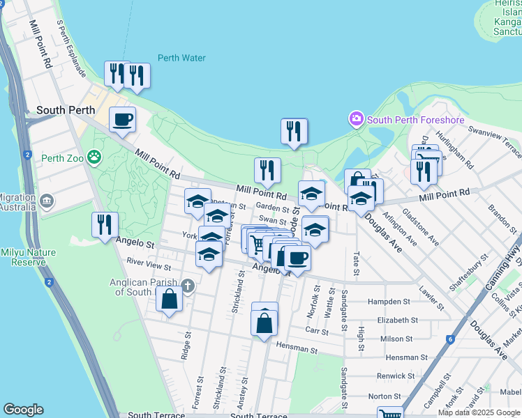 map of restaurants, bars, coffee shops, grocery stores, and more near 5 Garden Street in South Perth