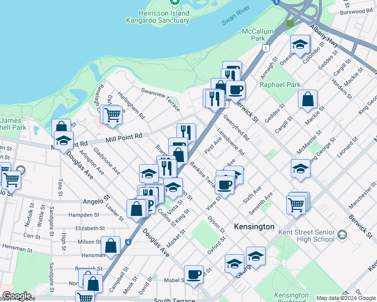 map of restaurants, bars, coffee shops, grocery stores, and more near 61 Canning Highway in South Perth