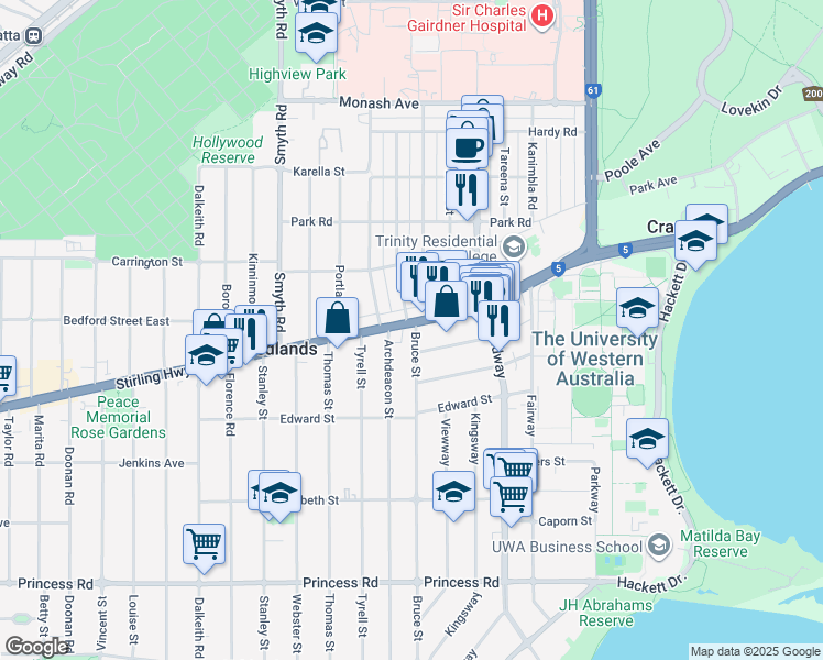 map of restaurants, bars, coffee shops, grocery stores, and more near 26 Stirling Highway in Nedlands