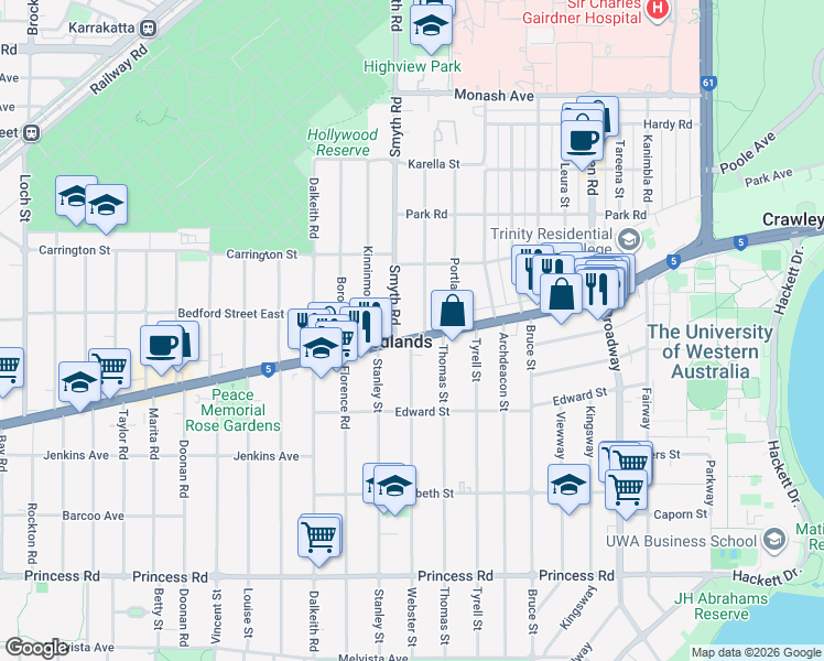 map of restaurants, bars, coffee shops, grocery stores, and more near 67 Stirling Highway in Nedlands